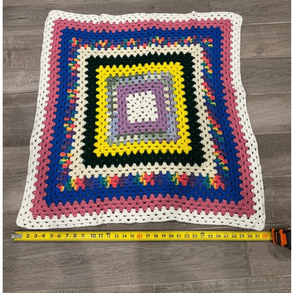 Handmade Crochet Granny Square Throw Blanket Rainbow‎ Retro 70s Style Afghan